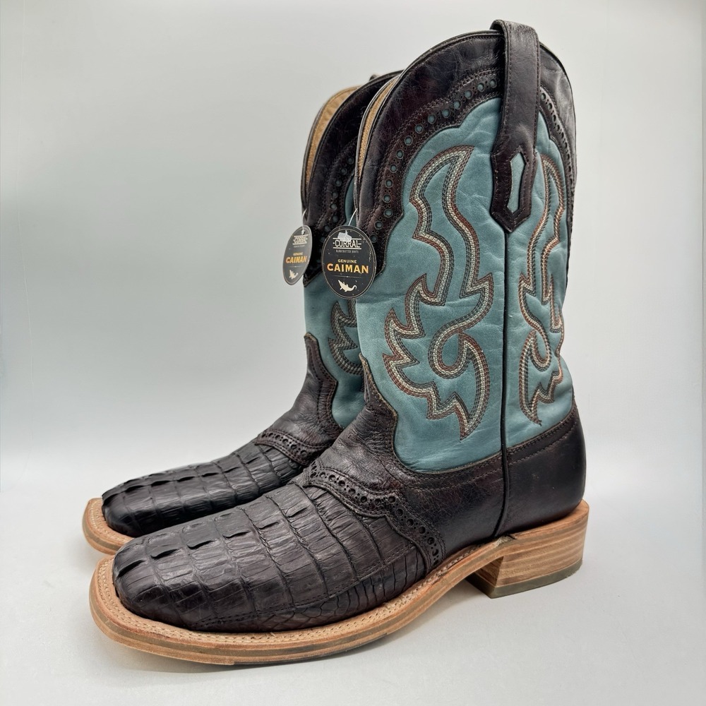 Corral Genuine Caiman Inlay Boots Men's Size 11.5 EE Wide Blue Brown